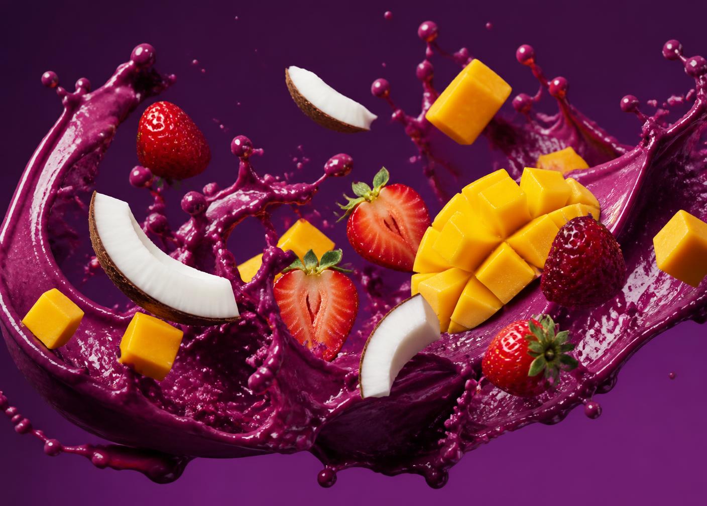 Splash de açaí con mango, fresa y coco