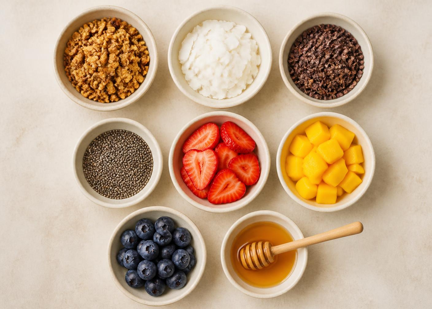 Toppings de granola, coco, paçoca y fruta